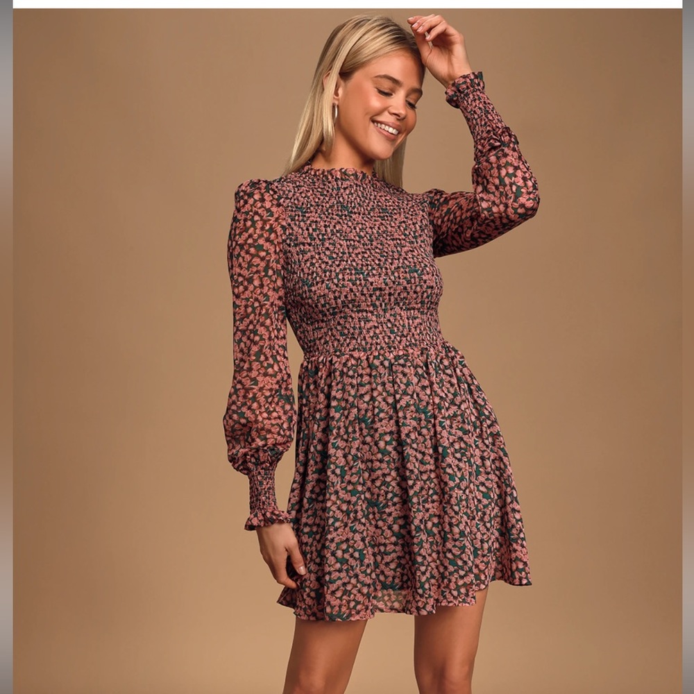 Lulu’s Floral Forever Green and Pink Floral Print Smocked Skater Dress